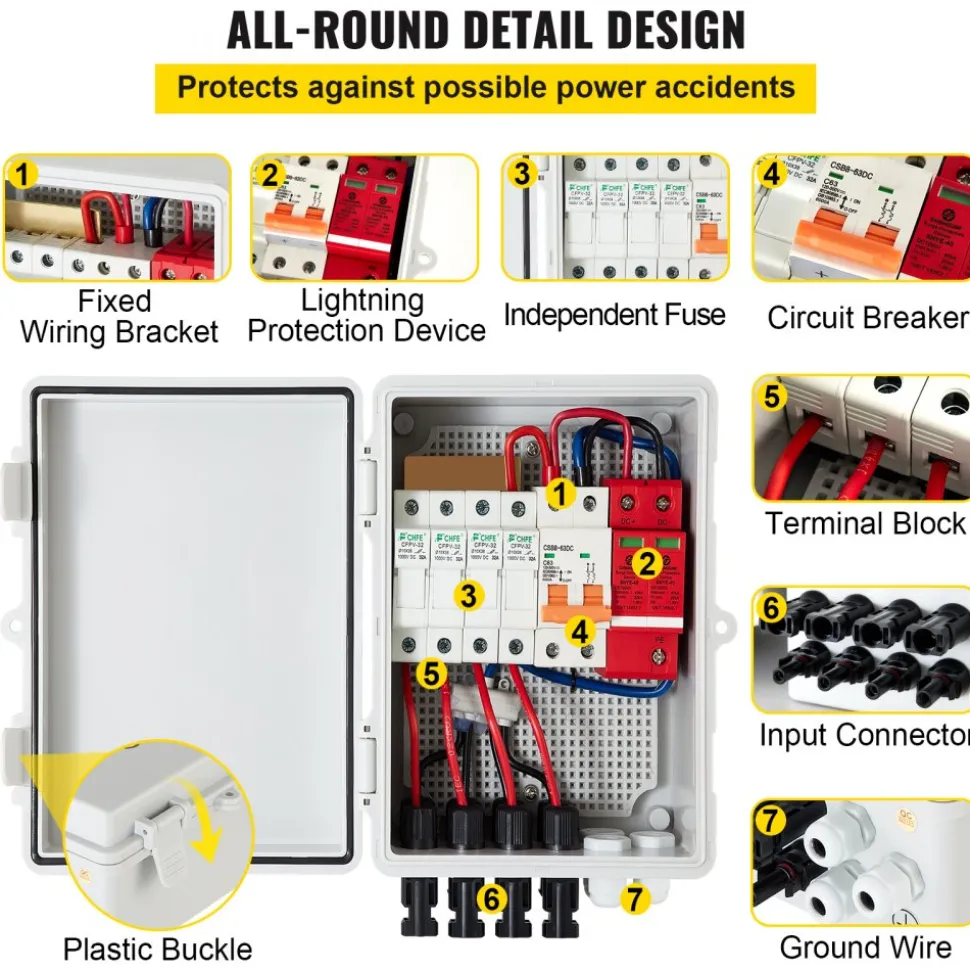 VEVOR PV Combiner Box, 4 String, Solar Combiner Box with 15A Rated Current Fuse 63A Circuit Breaker Lightning Arrester and Solar Connector, ABS Plastic Case for On / Off Grid Solar Panel System, IP65