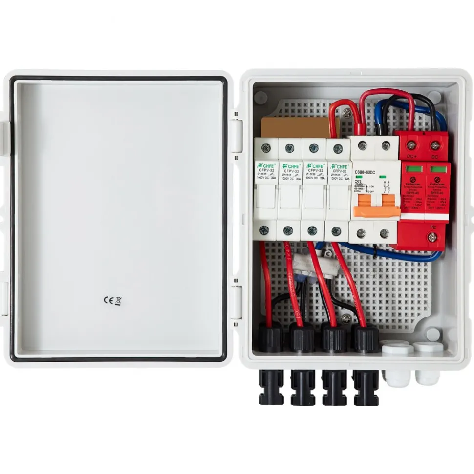 VEVOR PV Combiner Box, 4 String, Solar Combiner Box with 15A Rated Current Fuse 63A Circuit Breaker Lightning Arrester and Solar Connector, ABS Plastic Case for On / Off Grid Solar Panel System, IP65