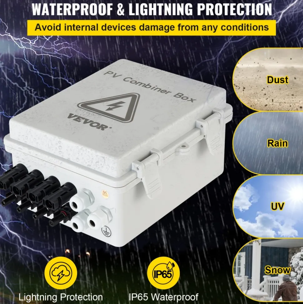 VEVOR PV Combiner Box, 4 String, Solar Combiner Box with 15A Rated Current Fuse 63A Circuit Breaker Lightning Arrester and Solar Connector, ABS Plastic Case for On / Off Grid Solar Panel System, IP65