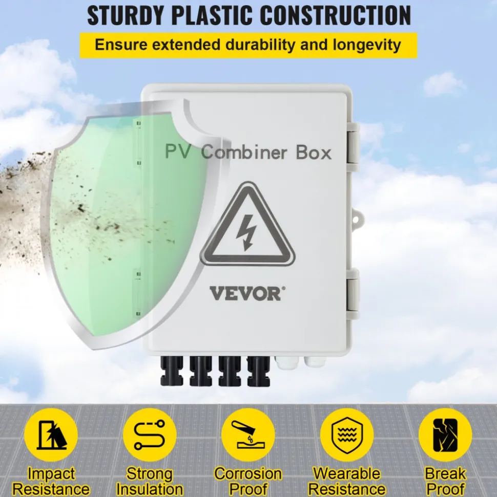 VEVOR PV Combiner Box, 4 String, Solar Combiner Box with 15A Rated Current Fuse 63A Circuit Breaker Lightning Arrester and Solar Connector, ABS Plastic Case for On / Off Grid Solar Panel System, IP65