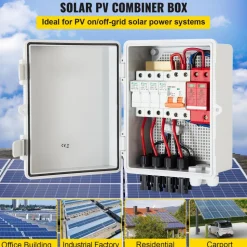 VEVOR PV Combiner Box, 4 String, Solar Combiner Box with 15A Rated Current Fuse 63A Circuit Breaker Lightning Arrester and Solar Connector, ABS Plastic Case for On / Off Grid Solar Panel System, IP65