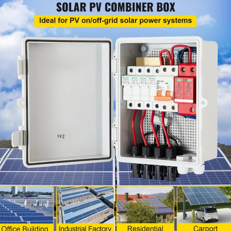 VEVOR PV Combiner Box, 4 String, Solar Combiner Box with 15A Rated Current Fuse 63A Circuit Breaker Lightning Arrester and Solar Connector, ABS Plastic Case for On / Off Grid Solar Panel System, IP65