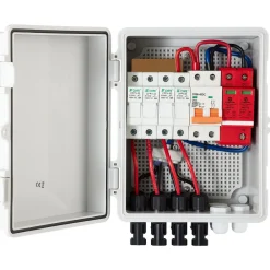 VEVOR PV Combiner Box, 4 String, Solar Combiner Box with 15A Rated Current Fuse 63A Circuit Breaker Lightning Arrester and Solar Connector, ABS Plastic Case for On / Off Grid Solar Panel System, IP65