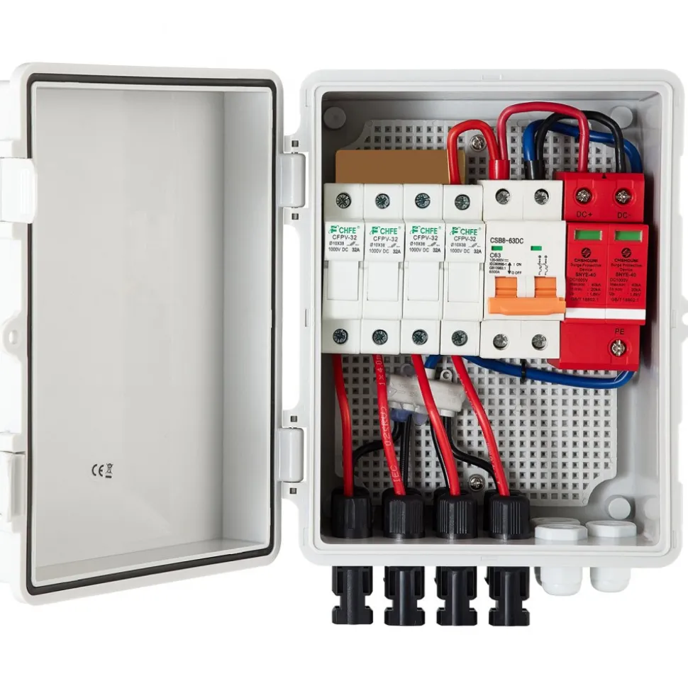 VEVOR PV Combiner Box, 4 String, Solar Combiner Box with 15A Rated Current Fuse 63A Circuit Breaker Lightning Arrester and Solar Connector, ABS Plastic Case for On / Off Grid Solar Panel System, IP65