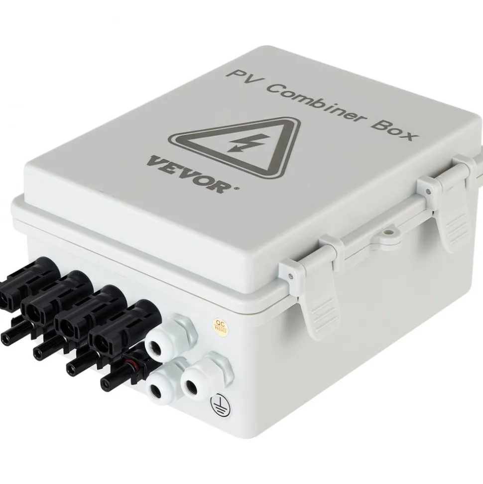 VEVOR PV Combiner Box, 4 String, Solar Combiner Box with 15A Rated Current Fuse 63A Circuit Breaker Lightning Arrester and Solar Connector, ABS Plastic Case for On / Off Grid Solar Panel System, IP65