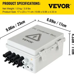 VEVOR PV Combiner Box, 4 String, Solar Combiner Box with 15A Rated Current Fuse 63A Circuit Breaker Lightning Arrester and Solar Connector, ABS Plastic Case for On / Off Grid Solar Panel System, IP65