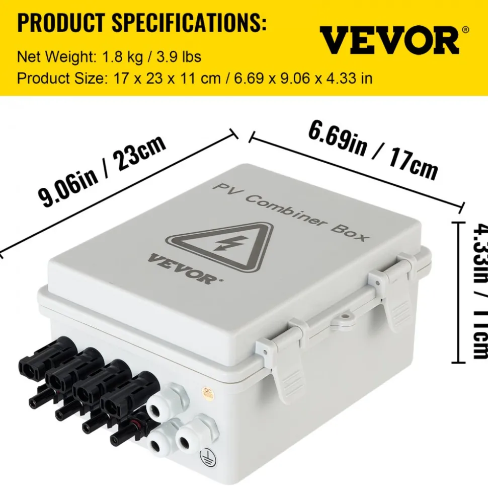VEVOR PV Combiner Box, 4 String, Solar Combiner Box with 15A Rated Current Fuse 63A Circuit Breaker Lightning Arrester and Solar Connector, ABS Plastic Case for On / Off Grid Solar Panel System, IP65