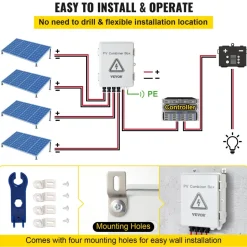 VEVOR PV Combiner Box, 4 String, Solar Combiner Box with 15A Rated Current Fuse 63A Circuit Breaker Lightning Arrester and Solar Connector, ABS Plastic Case for On / Off Grid Solar Panel System, IP65