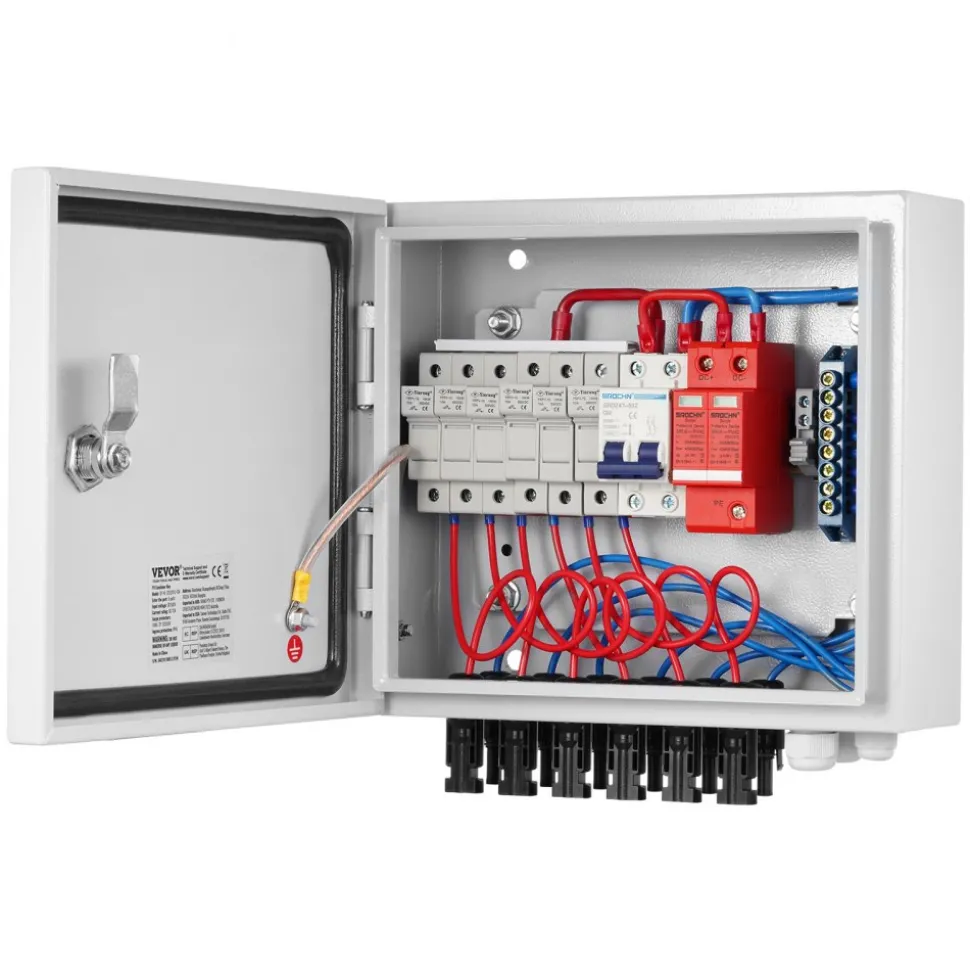VEVOR PV Combiner Box, 4 String, Solar Combiner Box with 15A Rated Current Fuse 63A Circuit Breaker Lightning Arrester and Solar Connector, Steel Case for On / Off Grid Solar Panel System, IP65