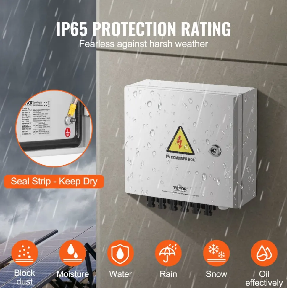 VEVOR PV Combiner Box, 4 String, Solar Combiner Box with 15A Rated Current Fuse 63A Circuit Breaker Lightning Arrester and Solar Connector, Steel Case for On / Off Grid Solar Panel System, IP65