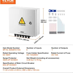 VEVOR PV Combiner Box, 4 String, Solar Combiner Box with 15A Rated Current Fuse 63A Circuit Breaker Lightning Arrester and Solar Connector, Steel Case for On / Off Grid Solar Panel System, IP65