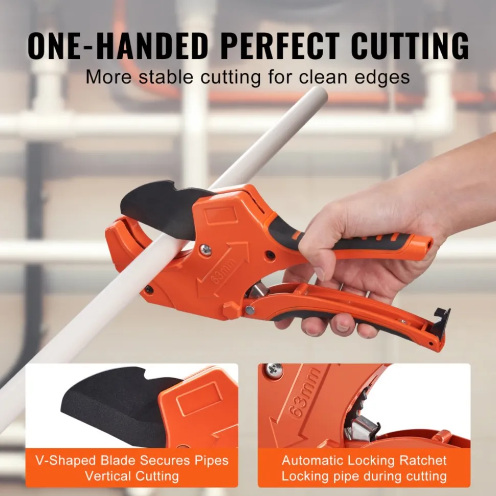 VEVOR PVC Pipe Cutter, 0-2-1/2" O.D. Ratcheting PVC Pipe Cutter, Heavy Duty Tube Cutting Tool with Spare SK5 Blade for PVC, CPVC, PP-R, PEX, PE, Rubber Hoses