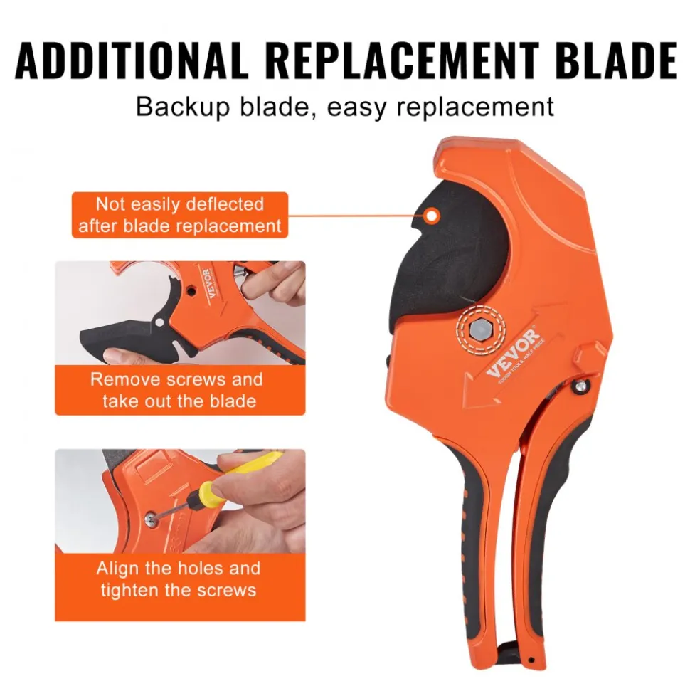 VEVOR PVC Pipe Cutter, 0-2-1/2" O.D. Ratcheting PVC Pipe Cutter, Heavy Duty Tube Cutting Tool with Spare SK5 Blade for PVC, CPVC, PP-R, PEX, PE, Rubber Hoses