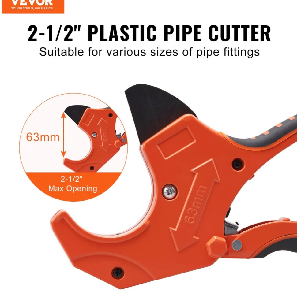 VEVOR PVC Pipe Cutter, 0-2-1/2" O.D. Ratcheting PVC Pipe Cutter, Heavy Duty Tube Cutting Tool with Spare SK5 Blade for PVC, CPVC, PP-R, PEX, PE, Rubber Hoses