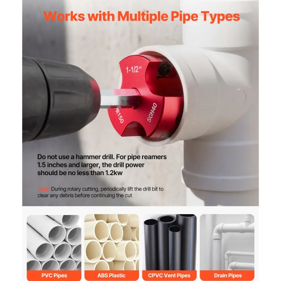 VEVOR PVC Pipe Reamer Kit, 7-Piece, 3 Blades PVC Fitting Socket Saver, Includes 1/2", 3/4", 1", 1-1/2", 2", 3", 4", Fits Standard 1/2" Drills, Plumbing Tool Kit for SCH40 ABS CPVC Vent Drain Pipes
