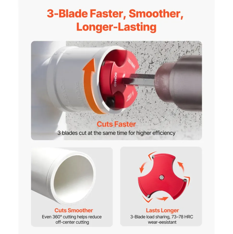 VEVOR PVC Pipe Reamer Kit, 7-Piece, 3 Blades PVC Fitting Socket Saver, Includes 1/2", 3/4", 1", 1-1/2", 2", 3", 4", Fits Standard 1/2" Drills, Plumbing Tool Kit for SCH40 ABS CPVC Vent Drain Pipes