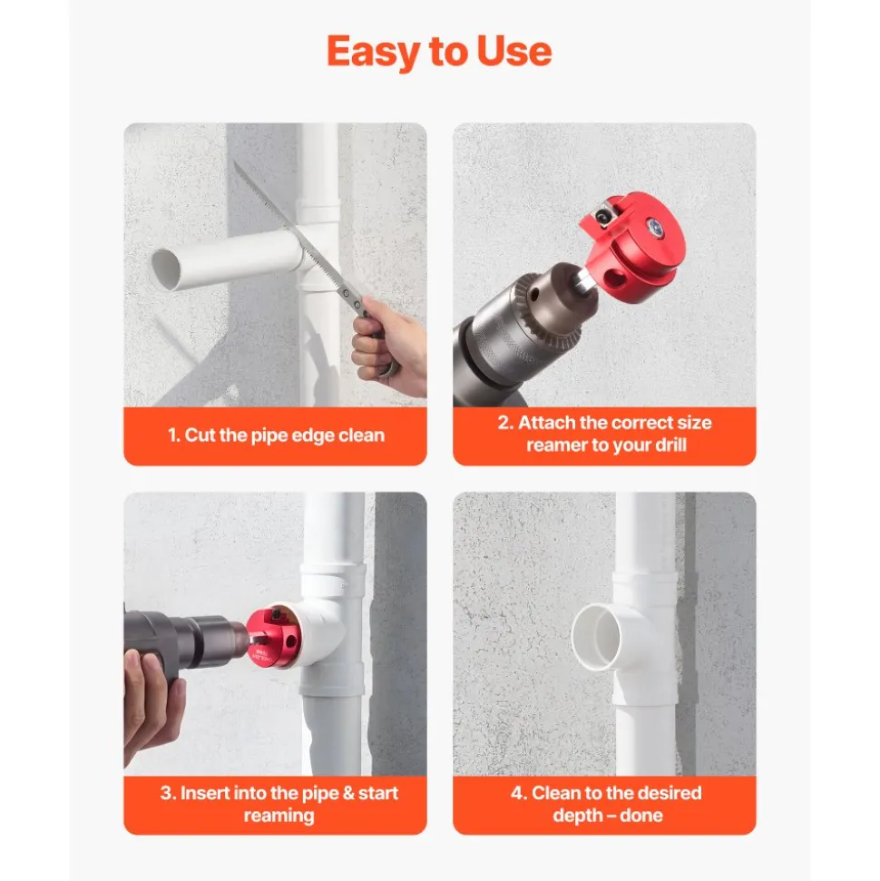 VEVOR PVC Pipe Reamer Kit, 5-Piece, PVC Fitting Socket Saver, Includes 1-1/4", 1-1/2", 2", 3", 4", Compatible with Standard 1/2" Drills, Plumbing Tool Kit for SCH40 ABS CPVC Vent Drain Water Pipes