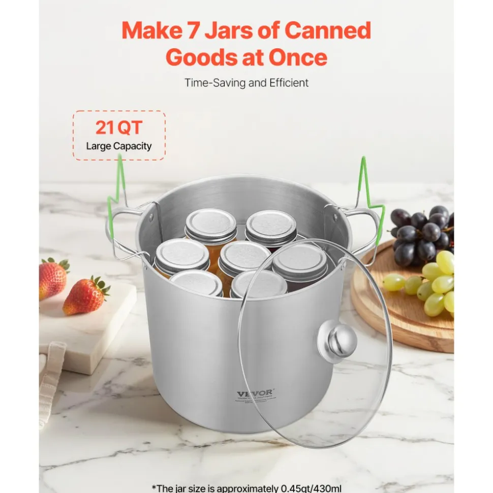 VEVOR 21 QT Canning Pot with Rack and Lid, Stainless Steel Waterbath Canner with Dual Handle and Glass Lid, Compatible with All Cooktops: Induction, Gas, Electric, Glass, Ceramic, Halogen