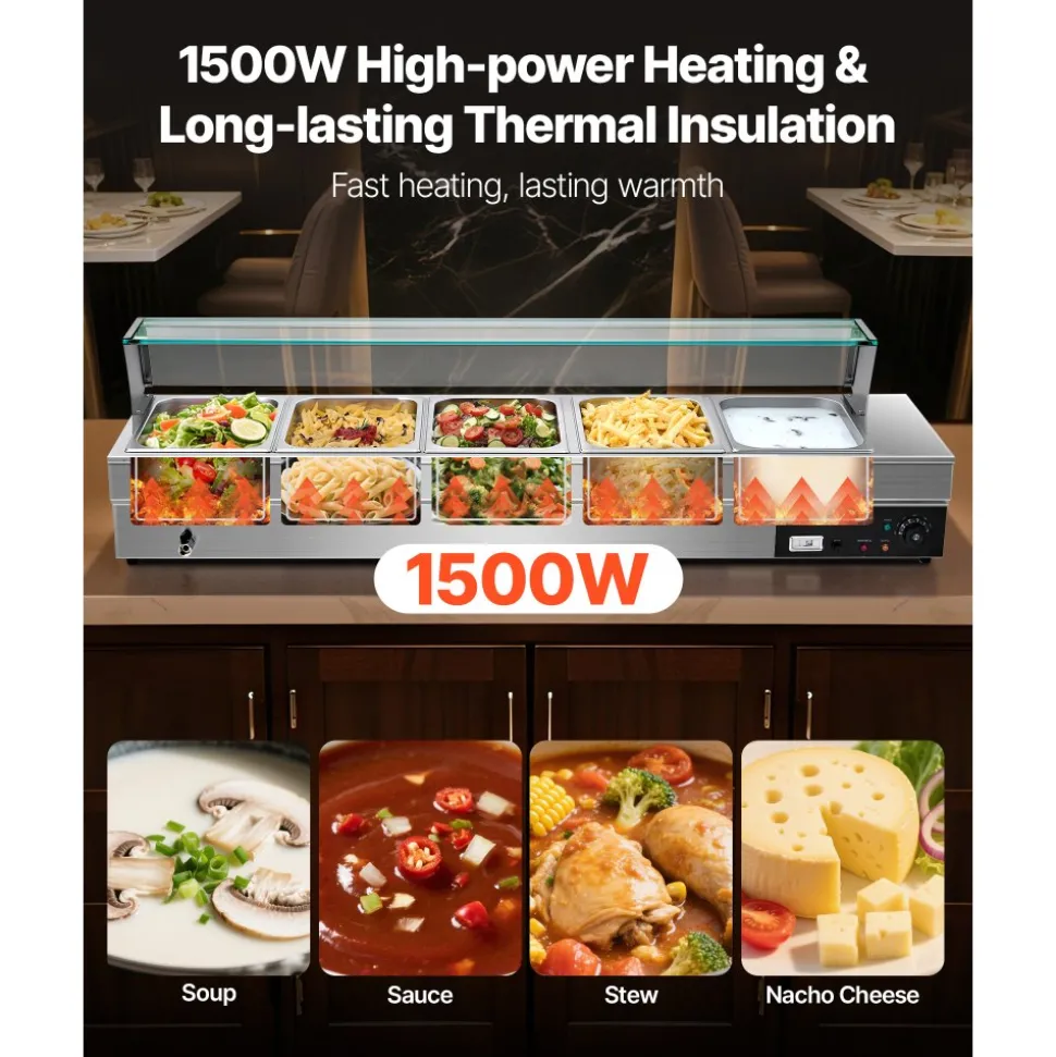 VEVOR 60QT Commercial Food Warmer, 5-Pan Electric Steam Table with Glass Cover, 1500W Countertop Stainless Steel Buffet Bain Marie with 86-185°F Temp Control for Catering, Buffet, Parties, Restaurants