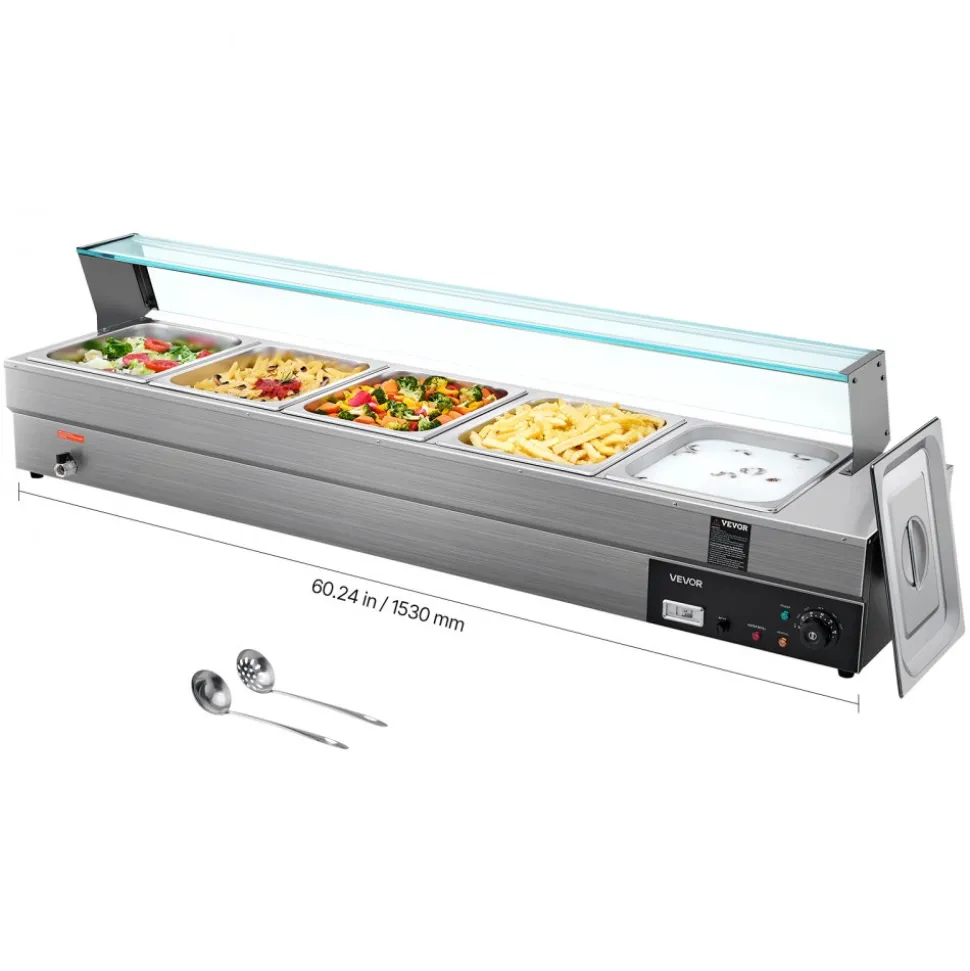 VEVOR 60QT Commercial Food Warmer, 5-Pan Electric Steam Table with Glass Cover, 1500W Countertop Stainless Steel Buffet Bain Marie with 86-185°F Temp Control for Catering, Buffet, Parties, Restaurants