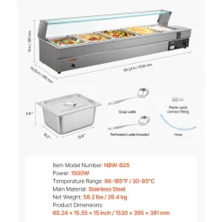 VEVOR 60QT Commercial Food Warmer, 5-Pan Electric Steam Table with Glass Cover, 1500W Countertop Stainless Steel Buffet Bain Marie with 86-185°F Temp Control for Catering, Buffet, Parties, Restaurants
