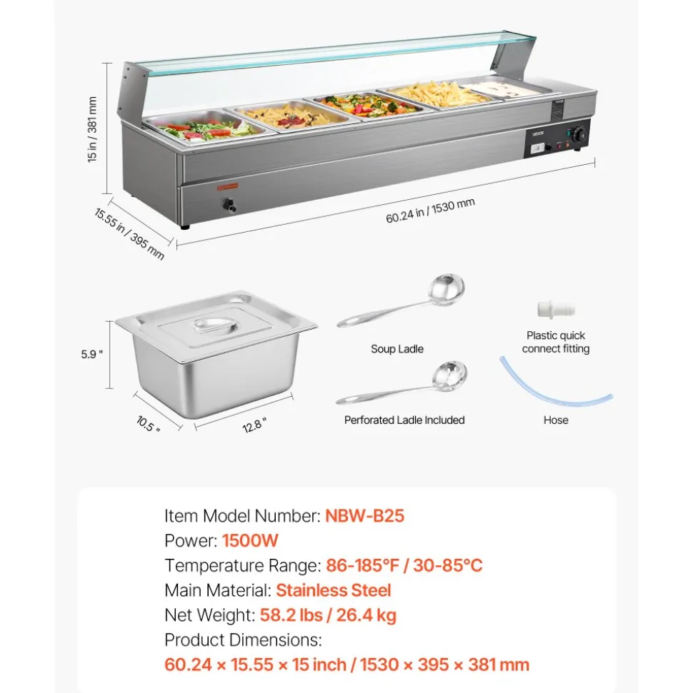 VEVOR 60QT Commercial Food Warmer, 5-Pan Electric Steam Table with Glass Cover, 1500W Countertop Stainless Steel Buffet Bain Marie with 86-185°F Temp Control for Catering, Buffet, Parties, Restaurants