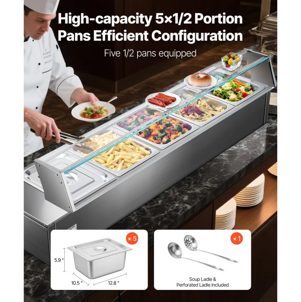 VEVOR 60QT Commercial Food Warmer, 5-Pan Electric Steam Table with Glass Cover, 1500W Countertop Stainless Steel Buffet Bain Marie with 86-185°F Temp Control for Catering, Buffet, Parties, Restaurants