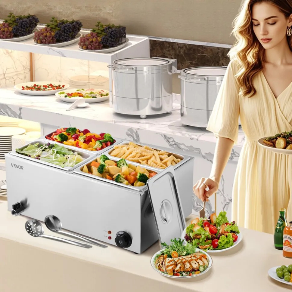 VEVOR 24QT Commercial Food Warmer, 4-Pan Electric Steam Table, 1200W Professional Countertop Stainless Steel Buffet Bain Marie with 86-185°F Temp Control for Catering, Buffet, Parties, Restaurants