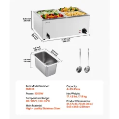VEVOR 24QT Commercial Food Warmer, 4-Pan Electric Steam Table, 1200W Professional Countertop Stainless Steel Buffet Bain Marie with 86-185°F Temp Control for Catering, Buffet, Parties, Restaurants
