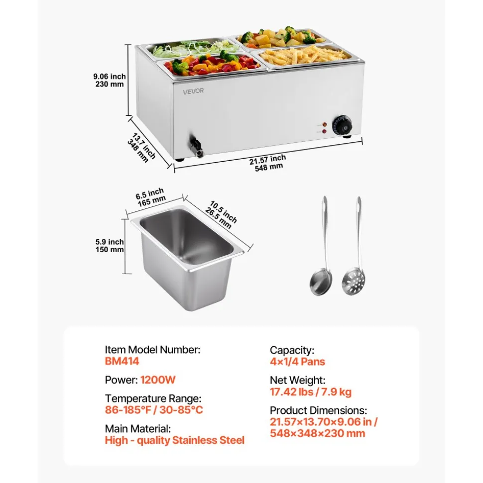 VEVOR 24QT Commercial Food Warmer, 4-Pan Electric Steam Table, 1200W Professional Countertop Stainless Steel Buffet Bain Marie with 86-185°F Temp Control for Catering, Buffet, Parties, Restaurants