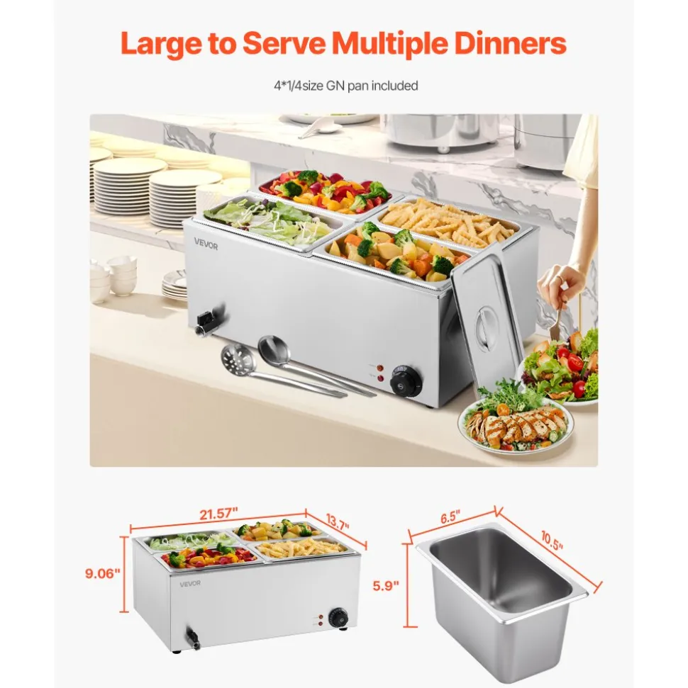 VEVOR 24QT Commercial Food Warmer, 4-Pan Electric Steam Table, 1200W Professional Countertop Stainless Steel Buffet Bain Marie with 86-185°F Temp Control for Catering, Buffet, Parties, Restaurants