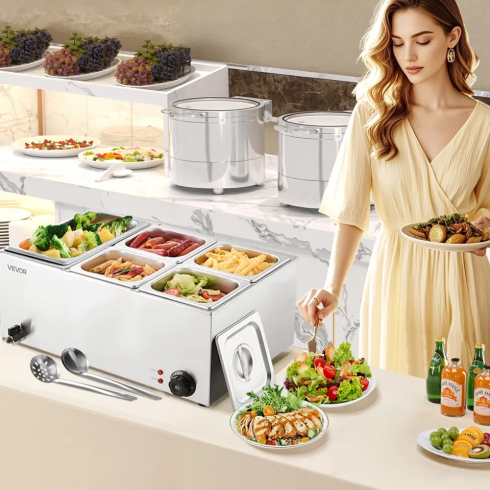 VEVOR 24QT Commercial Food Warmer, 5-Pan Electric Steam Table, 1200W Professional Countertop Stainless Steel Buffet Bain Marie with 86-185°F Temp Control for Catering, Buffet, Parties, Restaurants