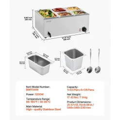 VEVOR 24QT Commercial Food Warmer, 5-Pan Electric Steam Table, 1200W Professional Countertop Stainless Steel Buffet Bain Marie with 86-185°F Temp Control for Catering, Buffet, Parties, Restaurants