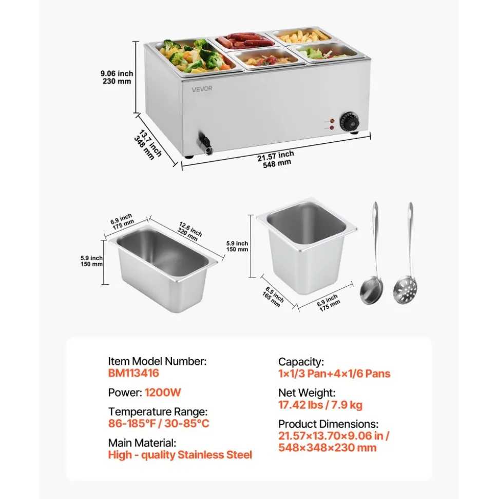 VEVOR 24QT Commercial Food Warmer, 5-Pan Electric Steam Table, 1200W Professional Countertop Stainless Steel Buffet Bain Marie with 86-185°F Temp Control for Catering, Buffet, Parties, Restaurants