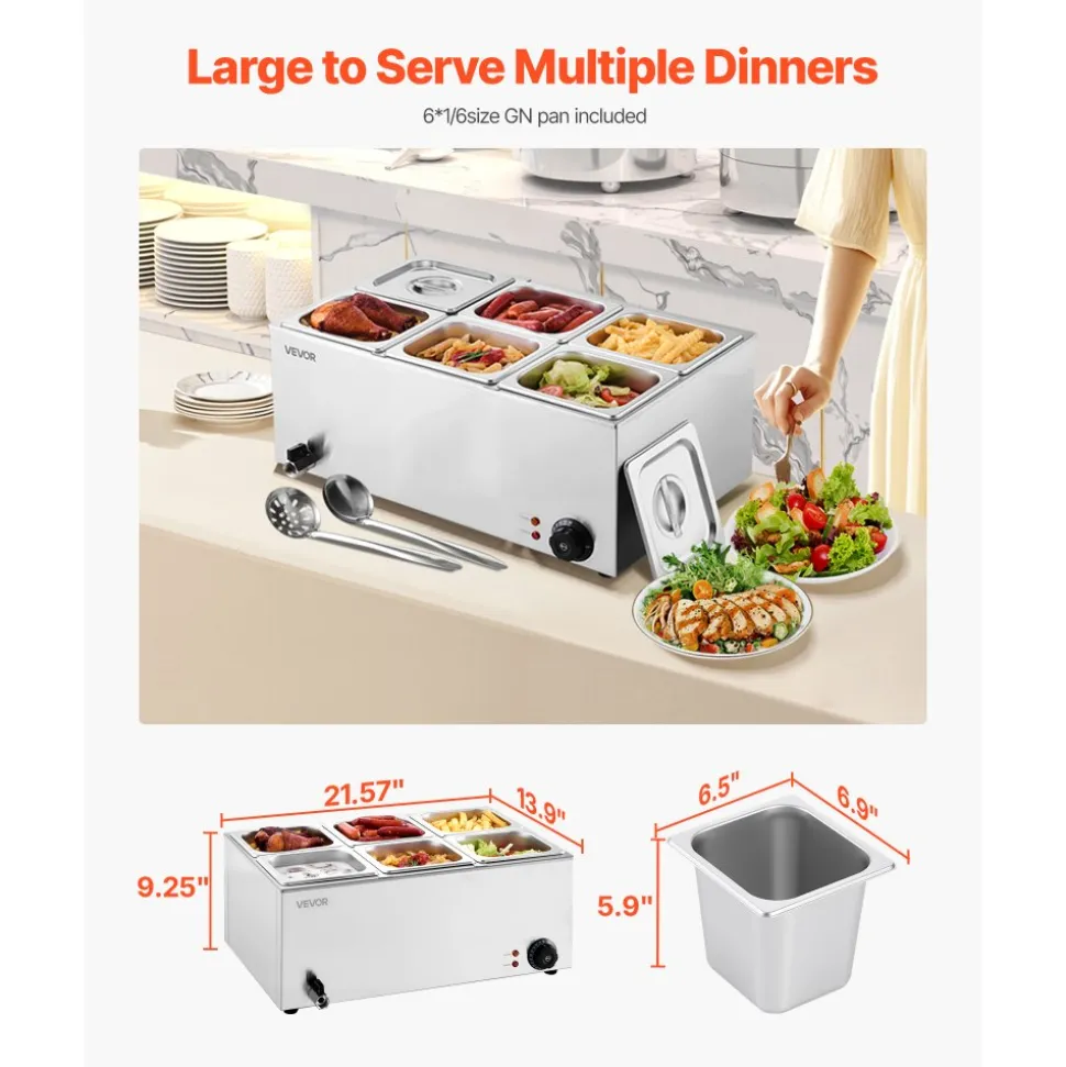 VEVOR 24QT Commercial Food Warmer, 6-Pan Electric Steam Table, 1200W Professional Countertop Stainless Steel Buffet Bain Marie with 86-185°F Temp Control for Catering, Buffet, Parties, Restaurants