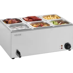 VEVOR 24QT Commercial Food Warmer, 6-Pan Electric Steam Table, 1200W Professional Countertop Stainless Steel Buffet Bain Marie with 86-185°F Temp Control for Catering, Buffet, Parties, Restaurants