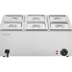VEVOR 24QT Commercial Food Warmer, 6-Pan Electric Steam Table, 1200W Professional Countertop Stainless Steel Buffet Bain Marie with 86-185°F Temp Control for Catering, Buffet, Parties, Restaurants