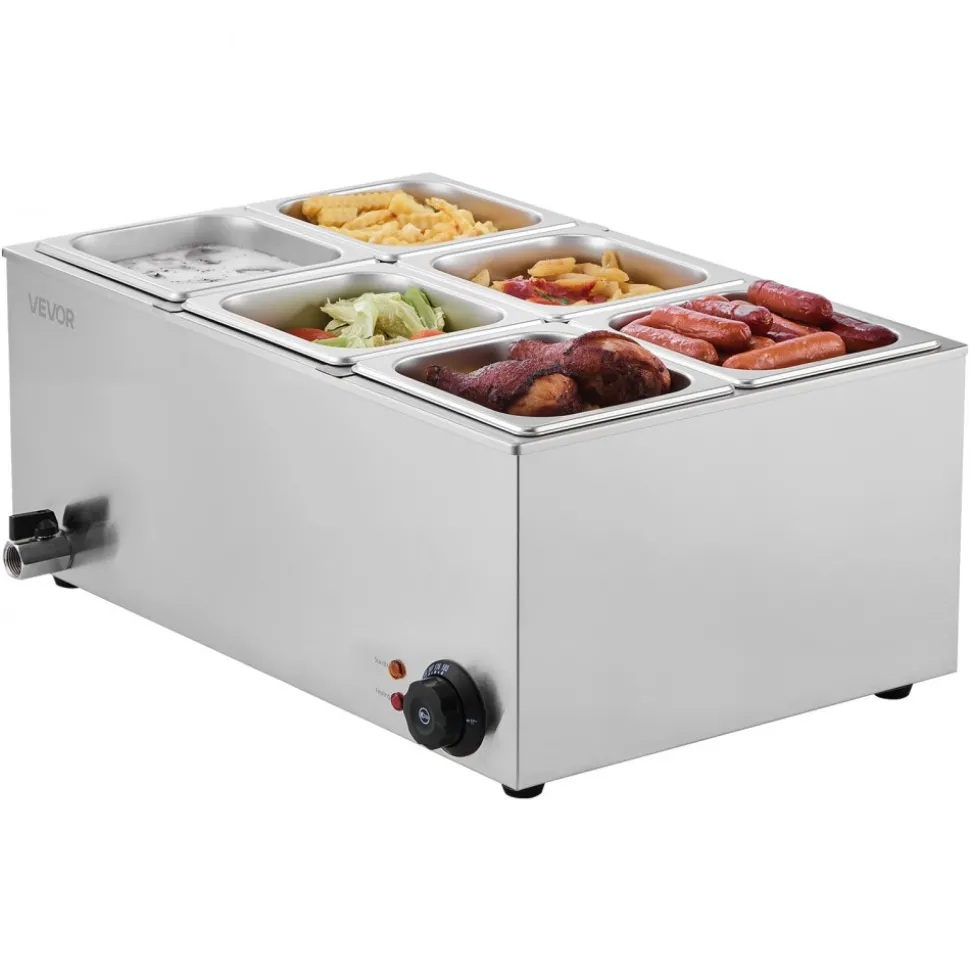 VEVOR 24QT Commercial Food Warmer, 6-Pan Electric Steam Table, 1200W Professional Countertop Stainless Steel Buffet Bain Marie with 86-185°F Temp Control for Catering, Buffet, Parties, Restaurants