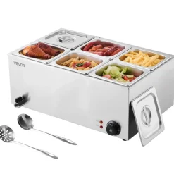 VEVOR 24QT Commercial Food Warmer, 6-Pan Electric Steam Table, 1200W Professional Countertop Stainless Steel Buffet Bain Marie with 86-185°F Temp Control for Catering, Buffet, Parties, Restaurants