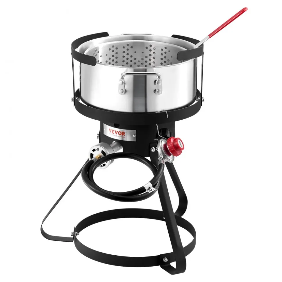 VEVOR 10 Qt Fish and Wing Fryer, Aluminum Propane Fish Fryer Kit, Outdoor Deep Fryer Seafood Pot with Thermometer, Strainer Basket, and 54,000 BTUs Propane Burners, for Outdoor and Backyard Cooking