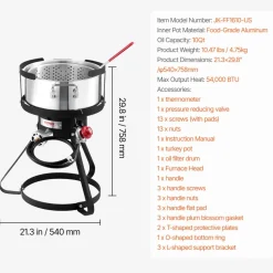 VEVOR 10 Qt Fish and Wing Fryer, Aluminum Propane Fish Fryer Kit, Outdoor Deep Fryer Seafood Pot with Thermometer, Strainer Basket, and 54,000 BTUs Propane Burners, for Outdoor and Backyard Cooking