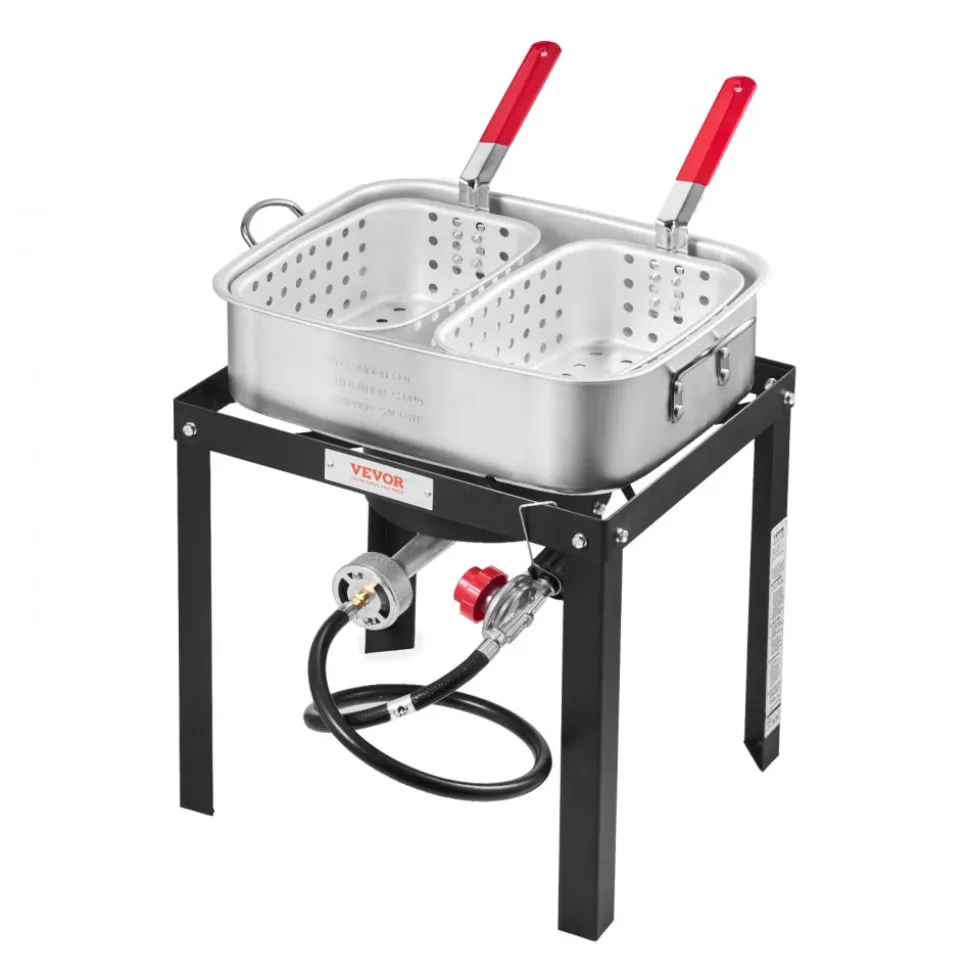 VEVOR 18 Qt Fish and Wing Fryer with Double Basket, Aluminum Propane Fish Fryer Kit, Outdoor Deep Fryer Seafood Pot with Thermometer and 58,000 BTUs Propane Burners, for Outdoor and Backyard Cooking