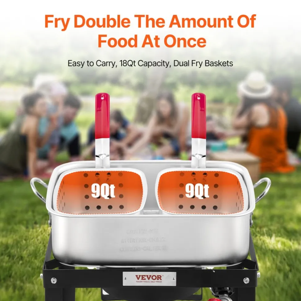 VEVOR 18 Qt Fish and Wing Fryer with Double Basket, Aluminum Propane Fish Fryer Kit, Outdoor Deep Fryer Seafood Pot with Thermometer and 58,000 BTUs Propane Burners, for Outdoor and Backyard Cooking