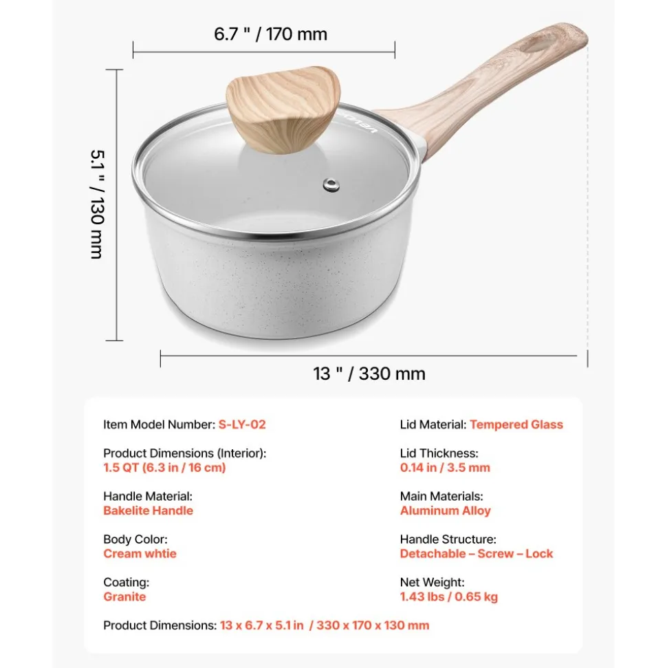 VEVOR 1.5 QT Saucepan, Nonstick Saucepan with Tempered Glass Lid, Multipurpose Cooking Sauce Pot with Detachable Handle, Sauce Pan Small Kitchen Cooking Pot with Coating, Induction Compatible, White