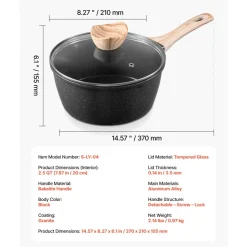 VEVOR 2.5 QT Saucepan, Nonstick Saucepan with Tempered Glass Lid, Multipurpose Cooking Sauce Pot with Detachable Handle, Sauce Pan Small Kitchen Cooking Pot with Coating, Induction Compatible, Black