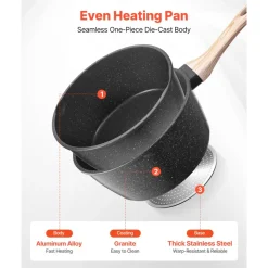VEVOR 2.5 QT Saucepan, Nonstick Saucepan with Tempered Glass Lid, Multipurpose Cooking Sauce Pot with Detachable Handle, Sauce Pan Small Kitchen Cooking Pot with Coating, Induction Compatible, Black