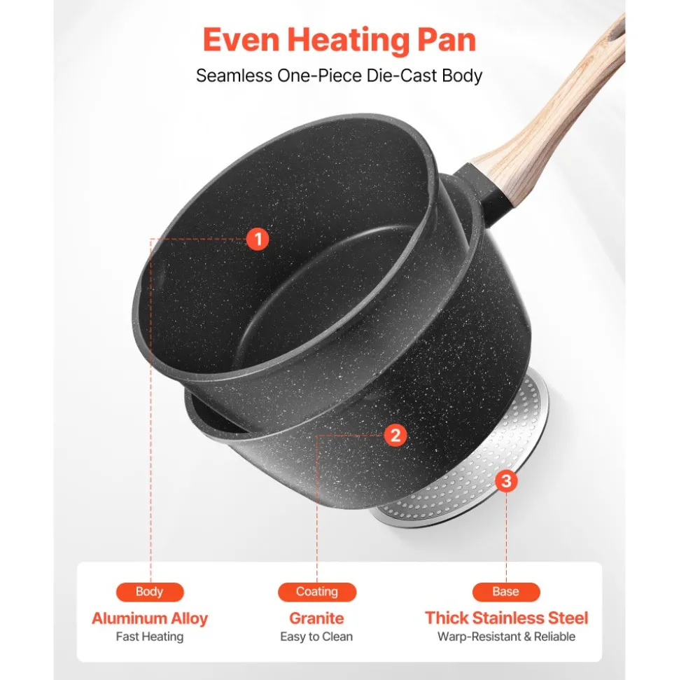 VEVOR 2.5 QT Saucepan, Nonstick Saucepan with Tempered Glass Lid, Multipurpose Cooking Sauce Pot with Detachable Handle, Sauce Pan Small Kitchen Cooking Pot with Coating, Induction Compatible, Black