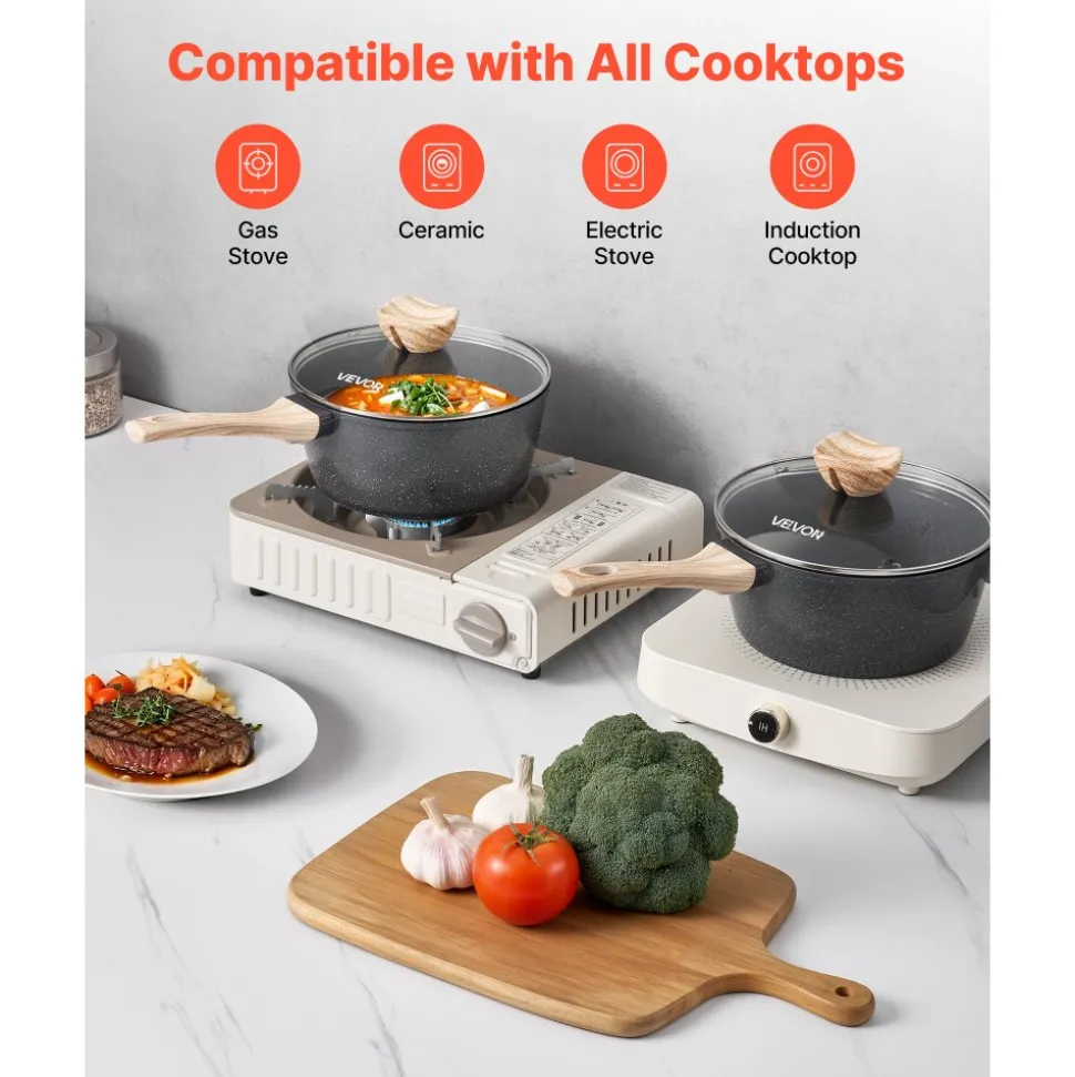 VEVOR 2.5 QT Saucepan, Nonstick Saucepan with Tempered Glass Lid, Multipurpose Cooking Sauce Pot with Detachable Handle, Sauce Pan Small Kitchen Cooking Pot with Coating, Induction Compatible, Black