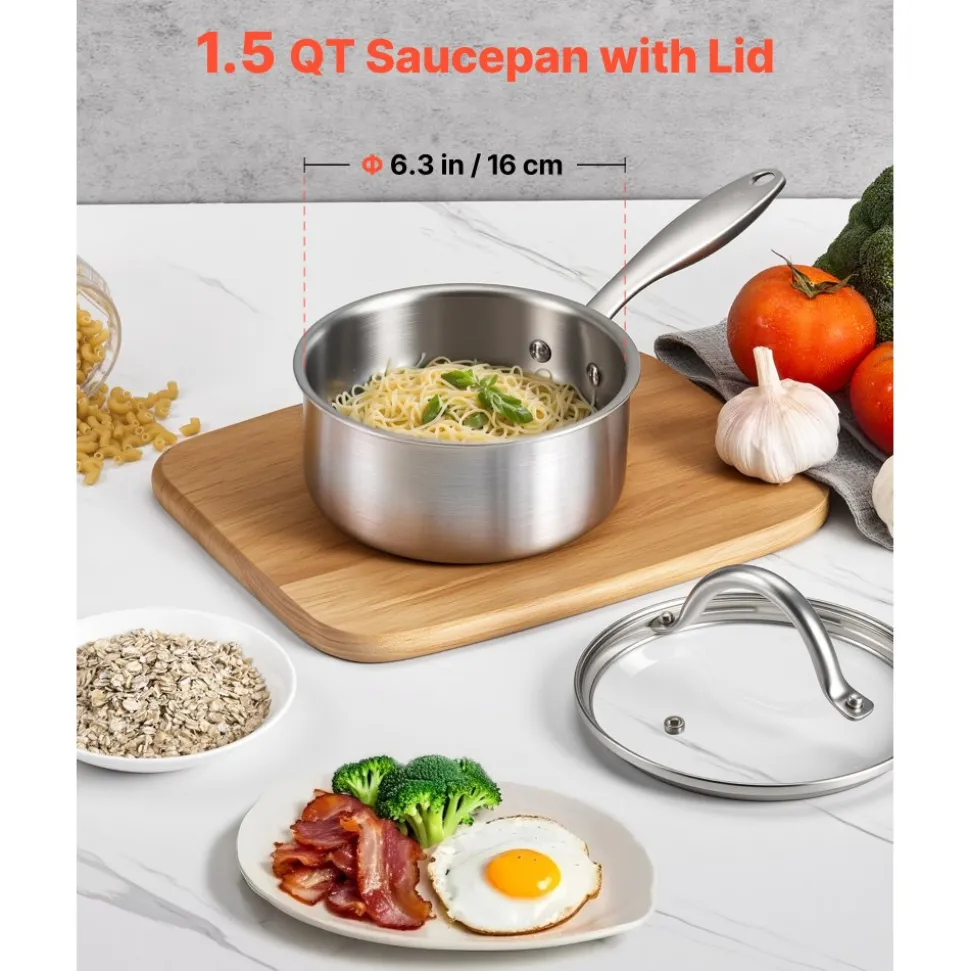 VEVOR 1.5 QT Saucepan, Stainless Steel Saucepan with Glass Lid, Multipurpose Nonstick Stainless Steel Small Cooking Sauce Pot with Ergonomic Handle, Friendly for Oven, Dishwasher, Induction Cooker