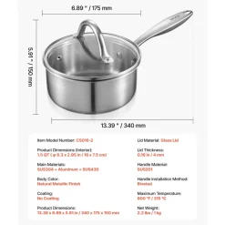VEVOR 1.5 QT Saucepan, Stainless Steel Saucepan with Glass Lid, Multipurpose Nonstick Stainless Steel Small Cooking Sauce Pot with Ergonomic Handle, Friendly for Oven, Dishwasher, Induction Cooker